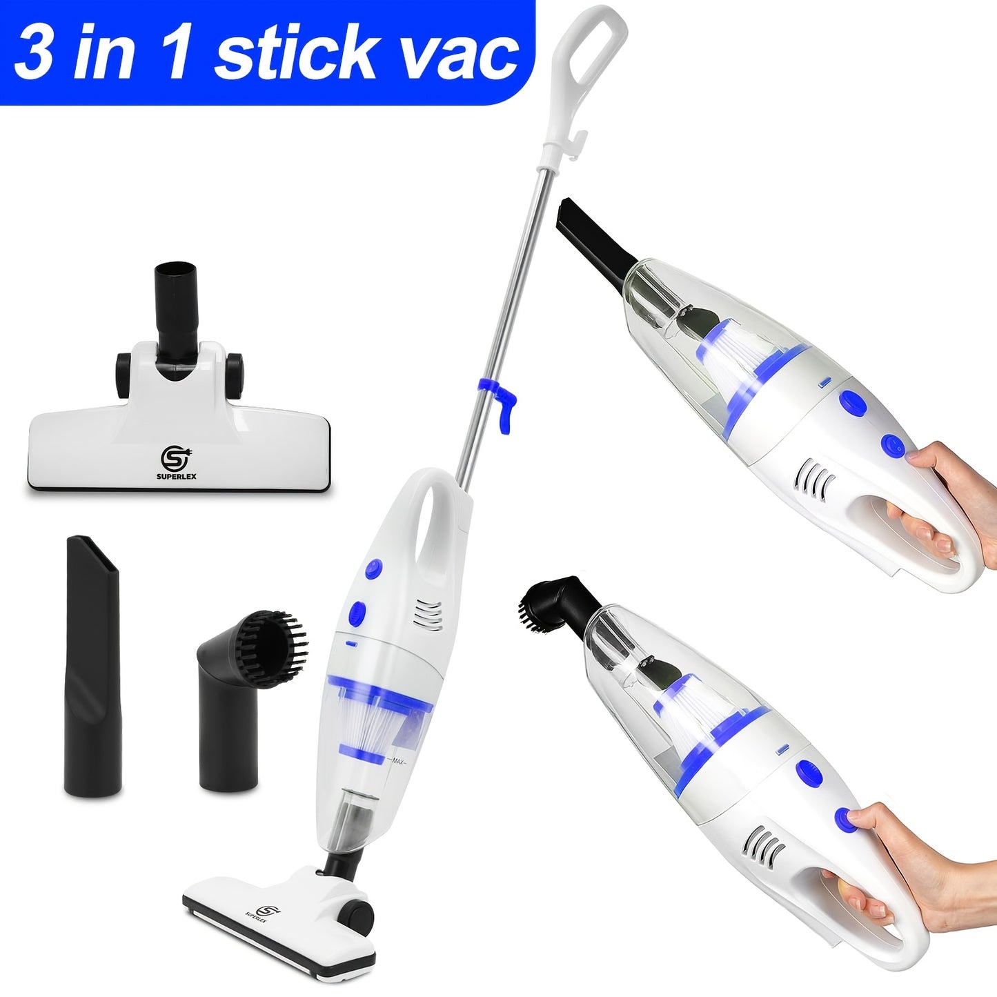 SUPERLEX 600W Vacuum Cleaner with Cable 4-in-1 Upright Bagless Vacuum, Hand-held Stick Vacuum Cleaner 16Kpa Suction with HEPA Filter for Animal Hair, Carpet, Floor