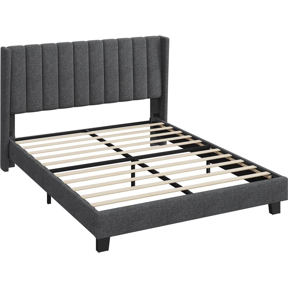 Costoffs Upholstered Bed Frame, Double/King Size Bed Frame, Platform Bed Frame with Channel Tufted Headboard, Upholstered Bed Frame with Wing Side, Mattress Foundation with Wooden Slat Support, Sturdy Wooden Slat Support, No Box Spring Needed, Beige/Dark