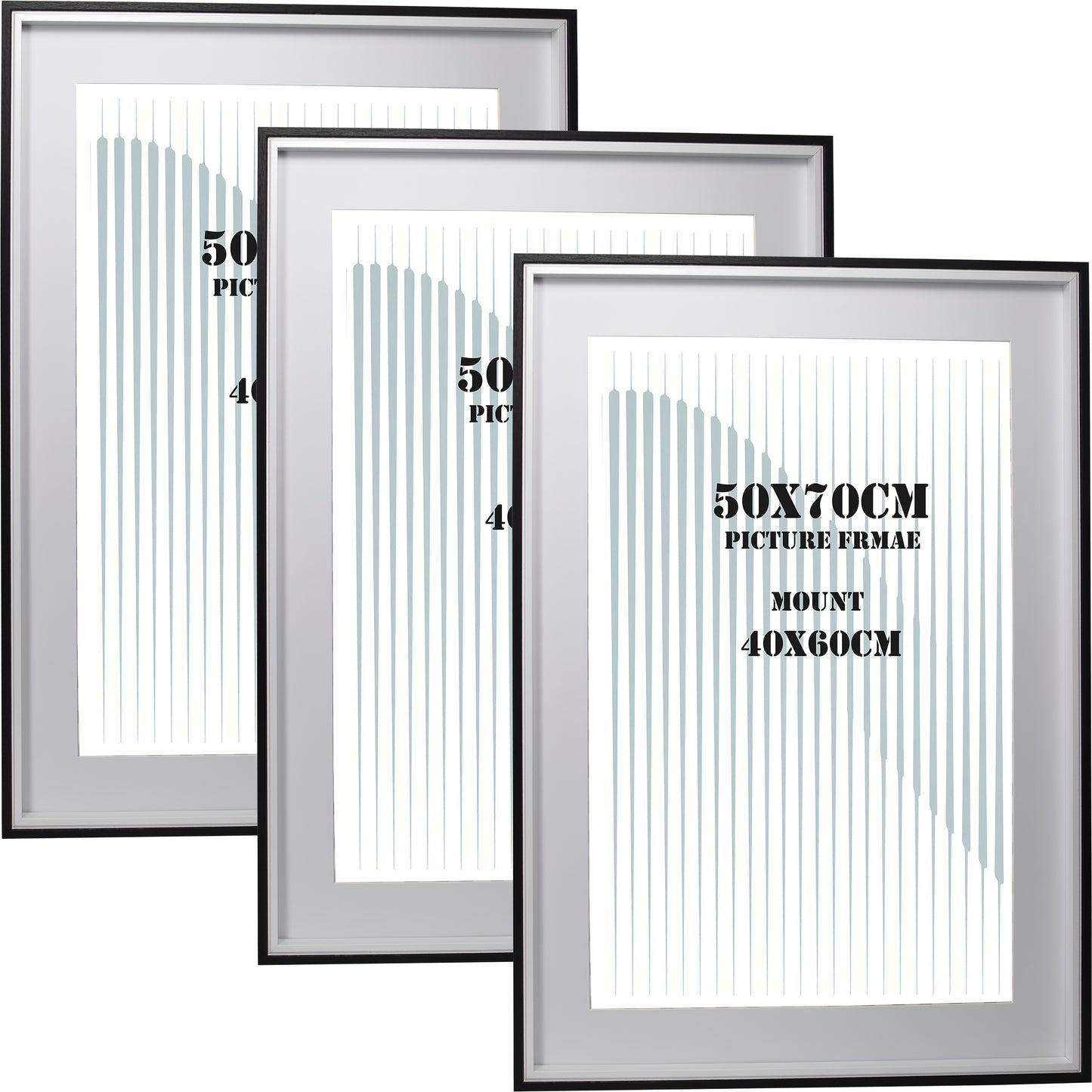 MDF Picture Frames, 50x70cm Set of 3 with Acid-Free Mount for 40x60cm, Available Colors: Black, White, Natural Wood