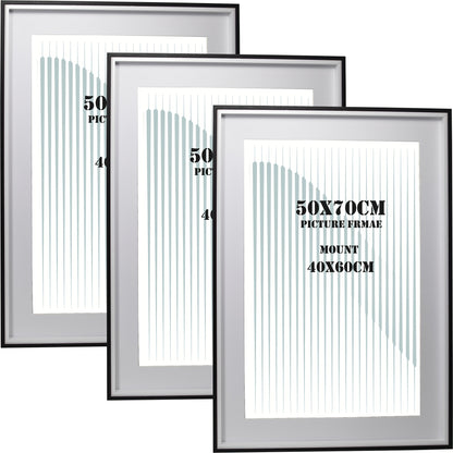 MDF Picture Frames, 50x70cm Set of 3 with Acid-Free Mount for 40x60cm, Available Colors: Black, White, Natural Wood