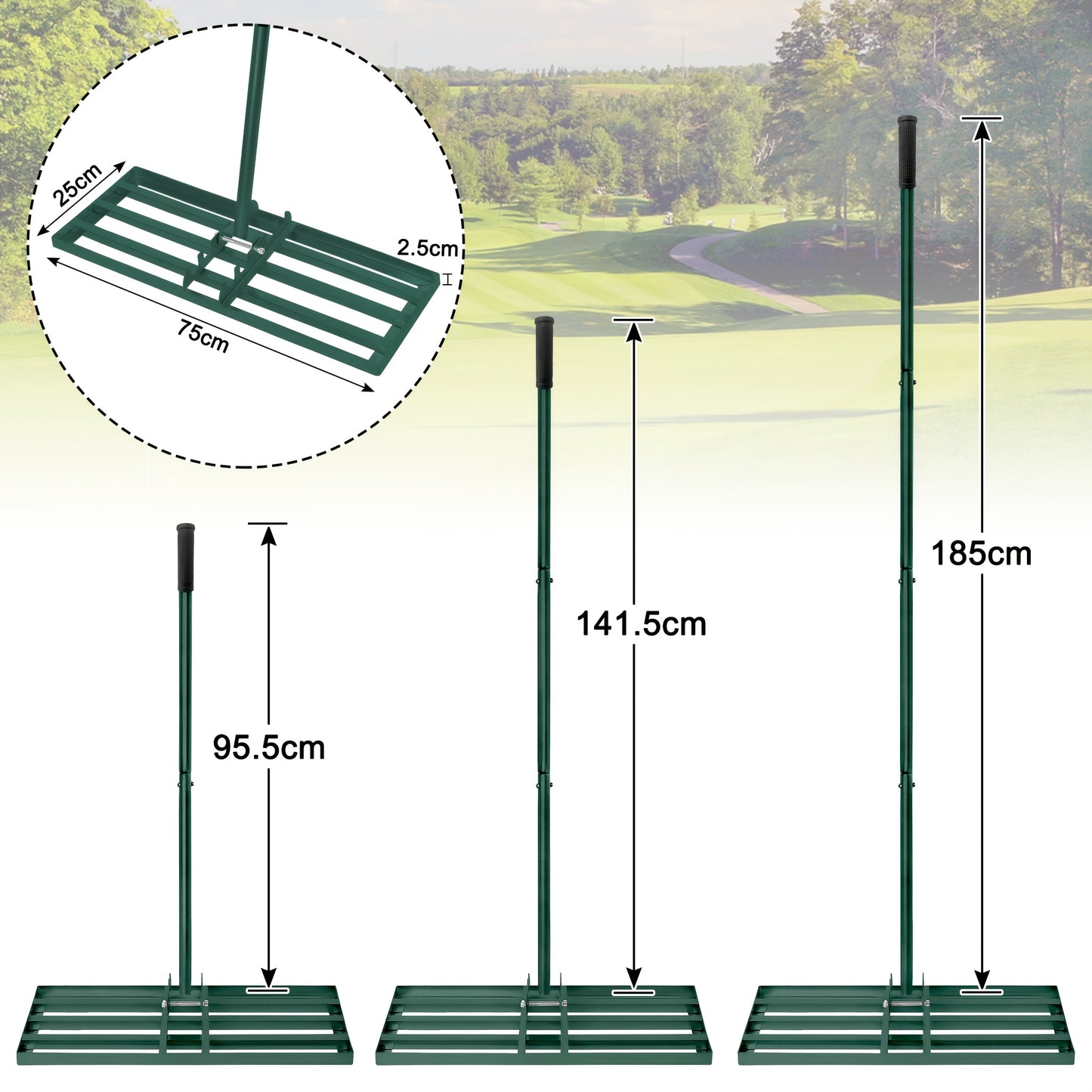 Professional Heavy-Duty Stainless Steel Lawn Leveling Rake with Adjustable Length Handle (25x50cm/25x75cm) - 4-Section Telescopic Design, Ergonomic Non-Slip Grip & 4-Section Lever Mechanism for Golf Courses, Gardens, Yards - Sand Trap, Bunker