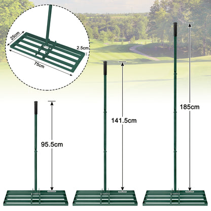 Professional Heavy-Duty Stainless Steel Lawn Leveling Rake with Adjustable Length Handle (25x50cm/25x75cm) - 4-Section Telescopic Design, Ergonomic Non-Slip Grip & 4-Section Lever Mechanism for Golf Courses, Gardens, Yards - Sand Trap, Bunker