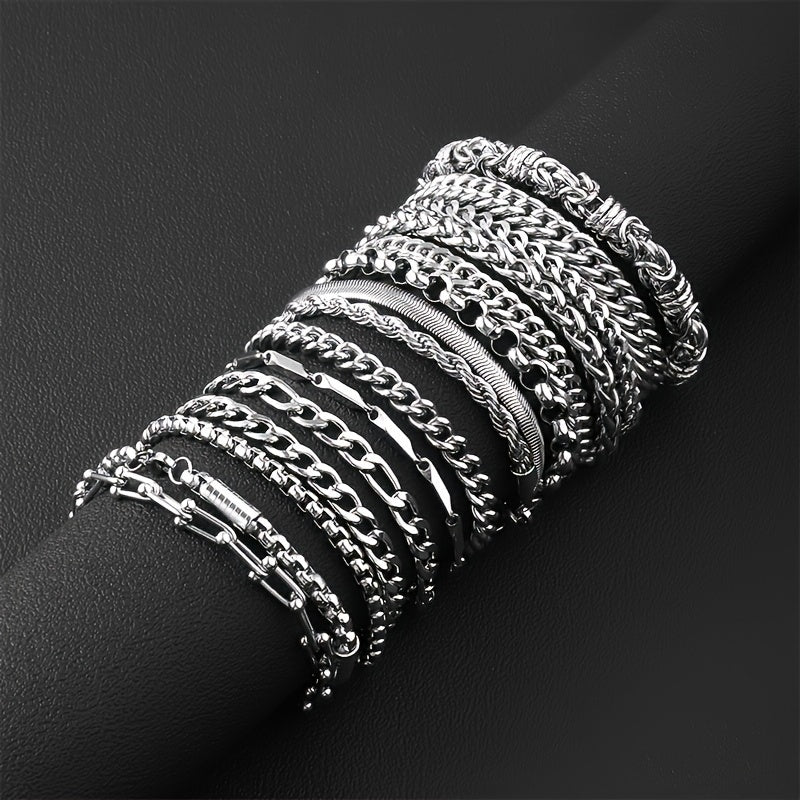 Hip Hop Style - Stainless Steel - Cuban Bracelets 12pcs - Perfect for Daily Wear & Gifts