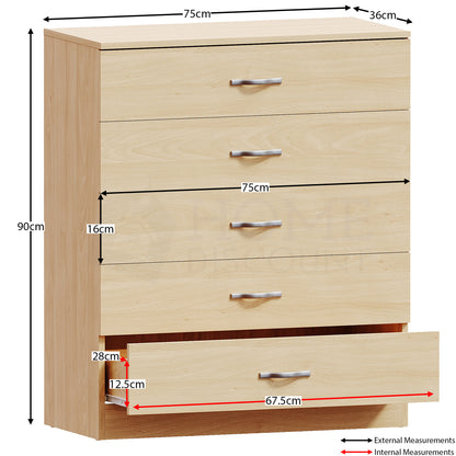 Chest of Drawers, 5 Drawers Chest of Drawers Dresser With Metal Handles and Runners Unique Anti-Bowing Drawer Support Spacious Bedroom Furniture, Available in White, Black, Grey, Pine Storage Furniture