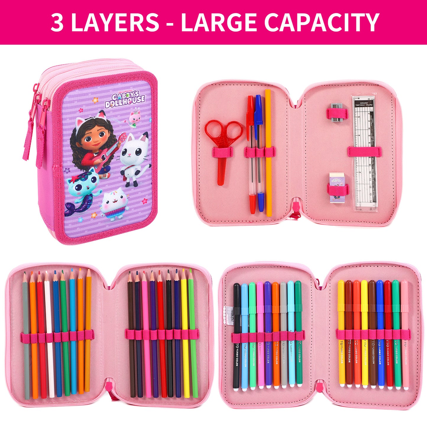 Gabby's Dollhouse 3 Tier Large Pencil Case Multi Compartment School Supplies Stationery Colouring Pens Pencils Sets