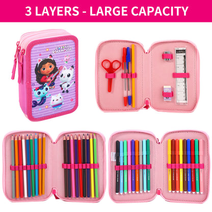 Gabby's Dollhouse 3 Tier Large Pencil Case Multi Compartment School Supplies Stationery Colouring Pens Pencils Sets