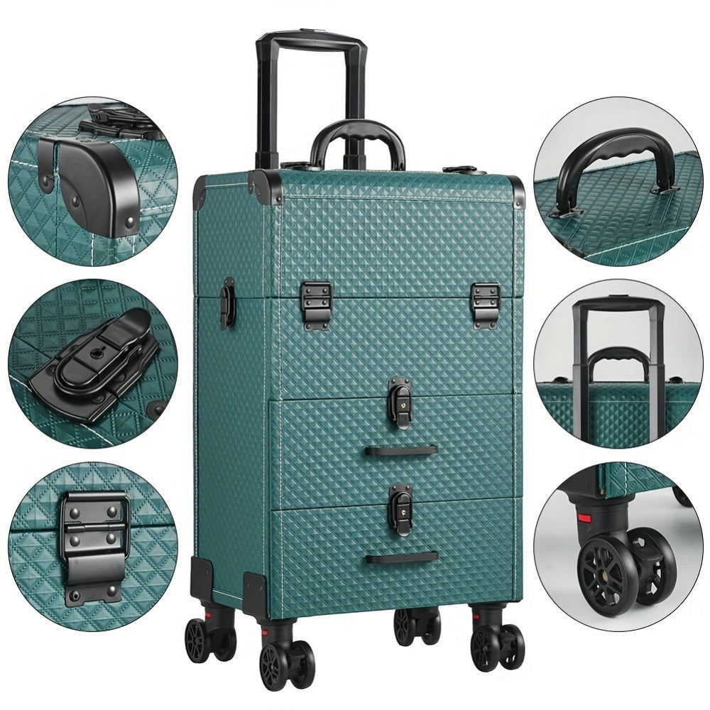Large 3-in-1 Makeup Trolley Case – Professional Hairdressing Vanity Beauty Box with Wheels, PU Aluminium Frame Cosmetic Storage, 37x25x56cm, Rose Gold & Black