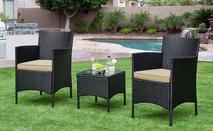 Costoffs Set of 3 Patio Table and Chairs, Outdoor Wicker Conversation Furniture Set, 2pcs Woven Rattan Chairs with Cushions and 1 Side Table