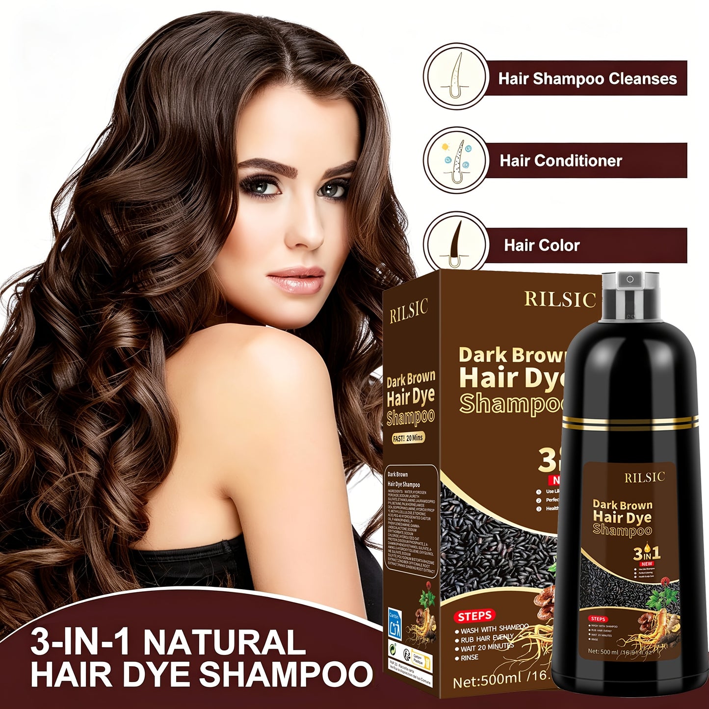 Hair Dye Shampoo For Grey Hair, 500ML Herbal Natural Hair Dye 3 In 1, Instant Hair Colour Shampoo, Hair Shampoo, Hair Dye Hair Color Shampoo Coloring In Minutes For Women Men