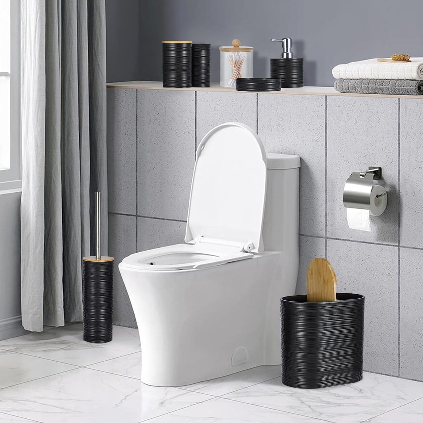 8-Piece Bamboo & Plastic Bathroom Accessories Set, Complete Bathroom Organiser with Toothbrush Holder, Soap Dispenser, Tumbler, Soap Dish, Qtip Holder, Toilet Brush & Waste Bin
