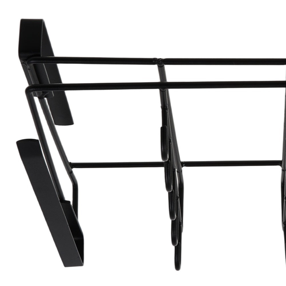 Under Cabinet Storage Rack with Hooks – No-Drill Carbon Steel Kitchen Hanging Shelf for Cutting Boards, Cups, Cloths & Kitchen Utensils, Black