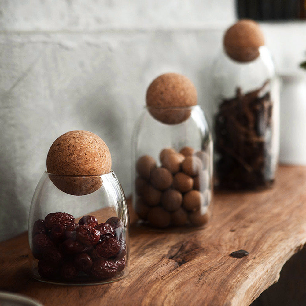 3pcs Glass Food Storage Canister, 500ML & 800ML & 1000ML Airtight Sealed Container Canister, Clear Glass Storage Jar, with Cork Lid, for Spices, Sugar, Coffee, Biscuits, Candies