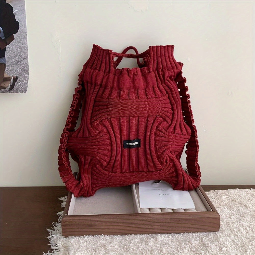 Casual Knitted Woven Handbag with Drawstring And Hand-Held Bag A Japanese And Korean Style A Stylish Soild Bag