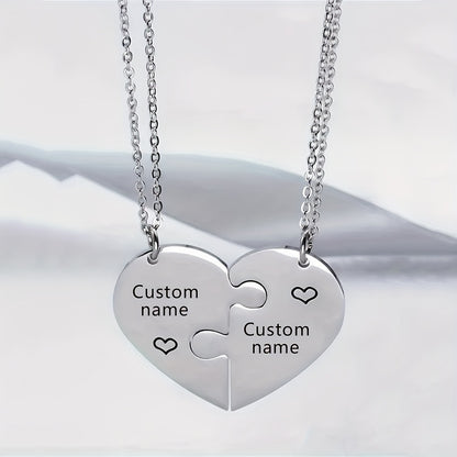 2pcs Interlocking Heart Puzzle Necklace - Engravable Stainless Steel Personalized Couples Gift with Custom Names, Elegant Minimalist Matching Jewelry for Casual Attire & Special Occasions, Romantic Accessory, Friendship Necklace, Romantic Design, Elegant