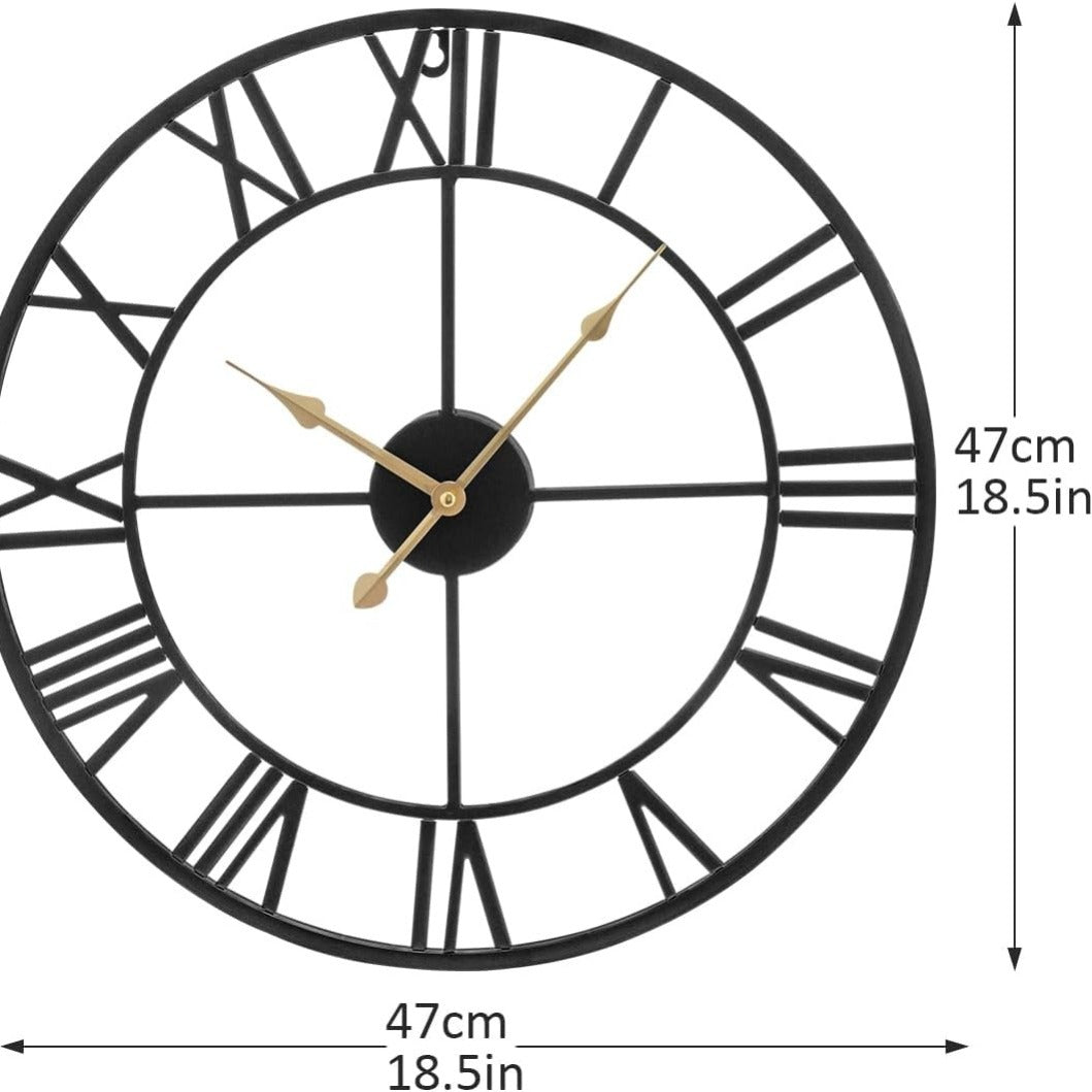 Large Wall Clock Metal Vintage Large Black Wall Clock Round Silent Skeleton Roman Numerals Hanging Clock Battery Wall Clock for Living Room Bedroom Kitchen Hotel Office Black