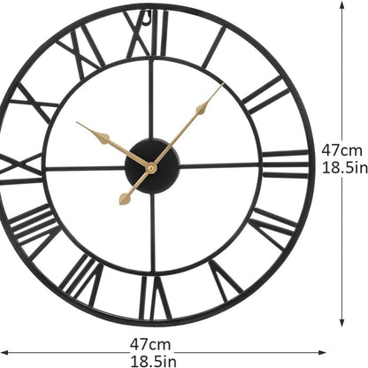 Large Wall Clock Metal Vintage Large Black Wall Clock Round Silent Skeleton Roman Numerals Hanging Clock Battery Wall Clock for Living Room Bedroom Kitchen Hotel Office Black