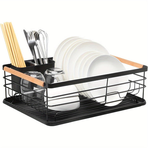 Dish Drainer Rack with Removable Drip Tray - Large Space Saving Kitchen Drying Rack for Plates, Bowls & Cutlery Metal Frame with Wooden Handles (BLACK)
