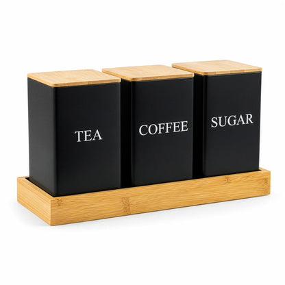 Kitchen Countertop Storage Essentials, 3pcs Black Rectangular Metal Canisters with Flip-Top Lids, Heavy-Duty Iron Jars for Coffee Tea Sugar and Spices Storage