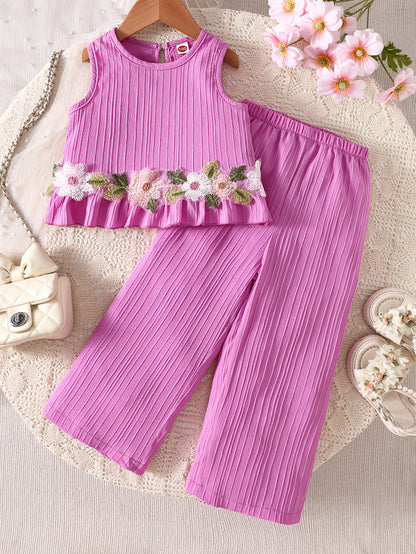 2pcs Set. Girls' Tank Top and Wide-leg Pants Set, Featuring Stylish Lace Trim and Ruffle Details. Simple and Fashionable Design. Ideal for Girls' Daily Casual Wear in Spring and Summer. Suitable for Girls Aged 1-8 for Daily Leisure and Sports