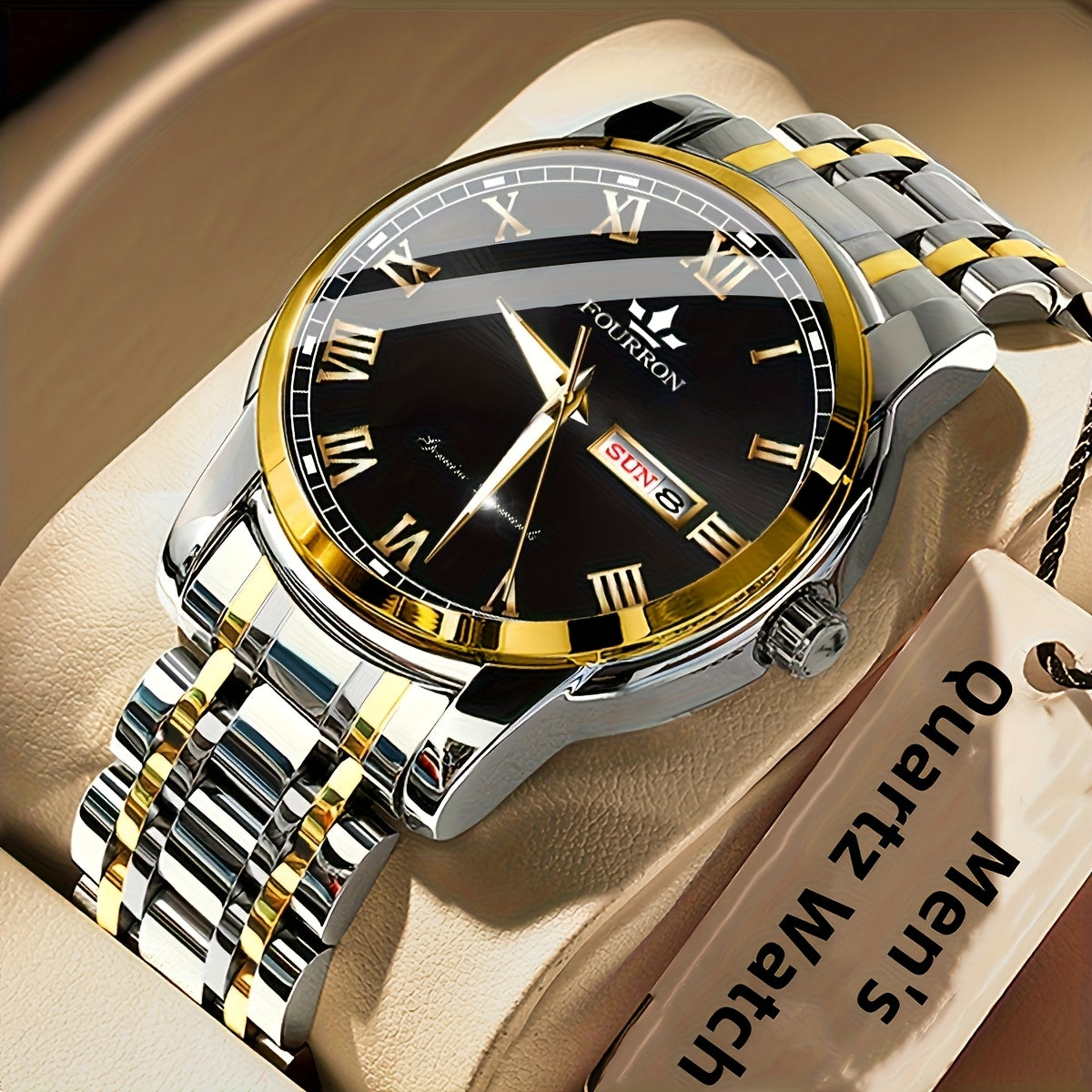 1pc FOURRON Brand New Trendy Fashion Men'S Quartz Watch Stainless Steel Strap with Day Date, Roman Numeral Disc Multi-Function Luminous Luxury Men'S Wristwatches, Friends And Relatives Birthday Gifts, Holiday Party Gifts Preferred Choice