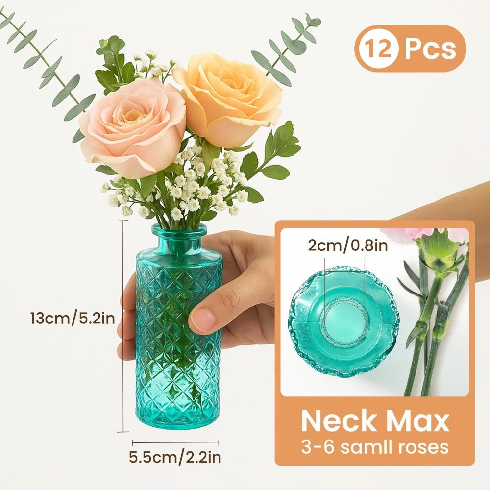 A set of 12 glass bud vases, small retro glass vases, minimalist retro dining table center decorations, home decor, wedding parties, restaurants, floral arrangements, tea lights, candle holders, desktop decorations
