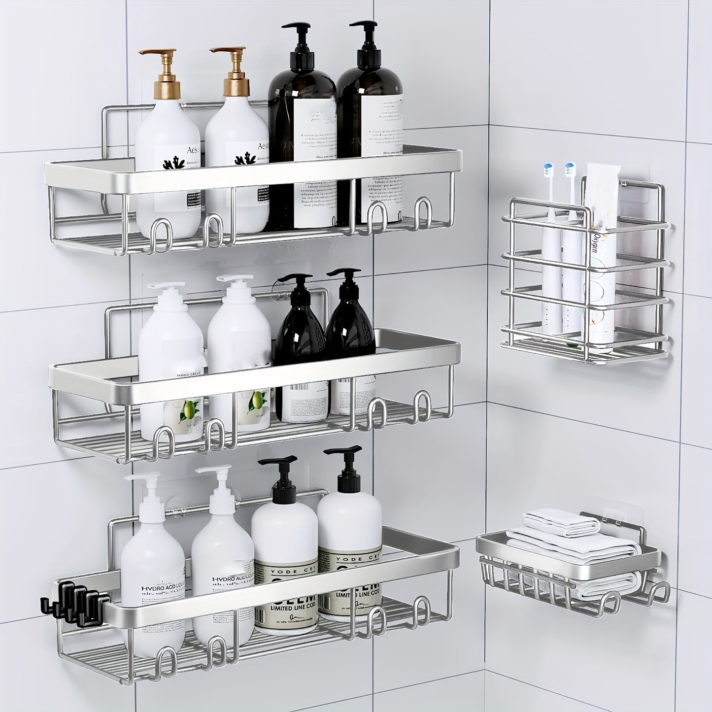Shower Caddy, Bathroom Shower Organizers, Black Shower Shelves for Inside Shower with Soap Caddy & Toothbrush Holder, Stainless Steel Wall Rack Baskets Adhesives Mounted(1 And5pcs), Random Color Properties to Choose, Shelves