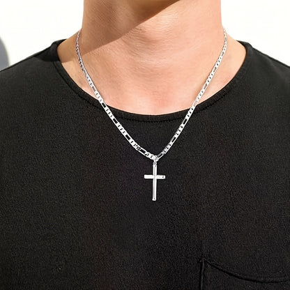 925 Sterling Silver Cross Necklace Beveled Edge Men Women Cut Durable Figaro Link Chain Cross Necklace Cross Pendant Necklace, Stylish And Durable Design - The Perfect Gift for Various Holidays, Gift Box