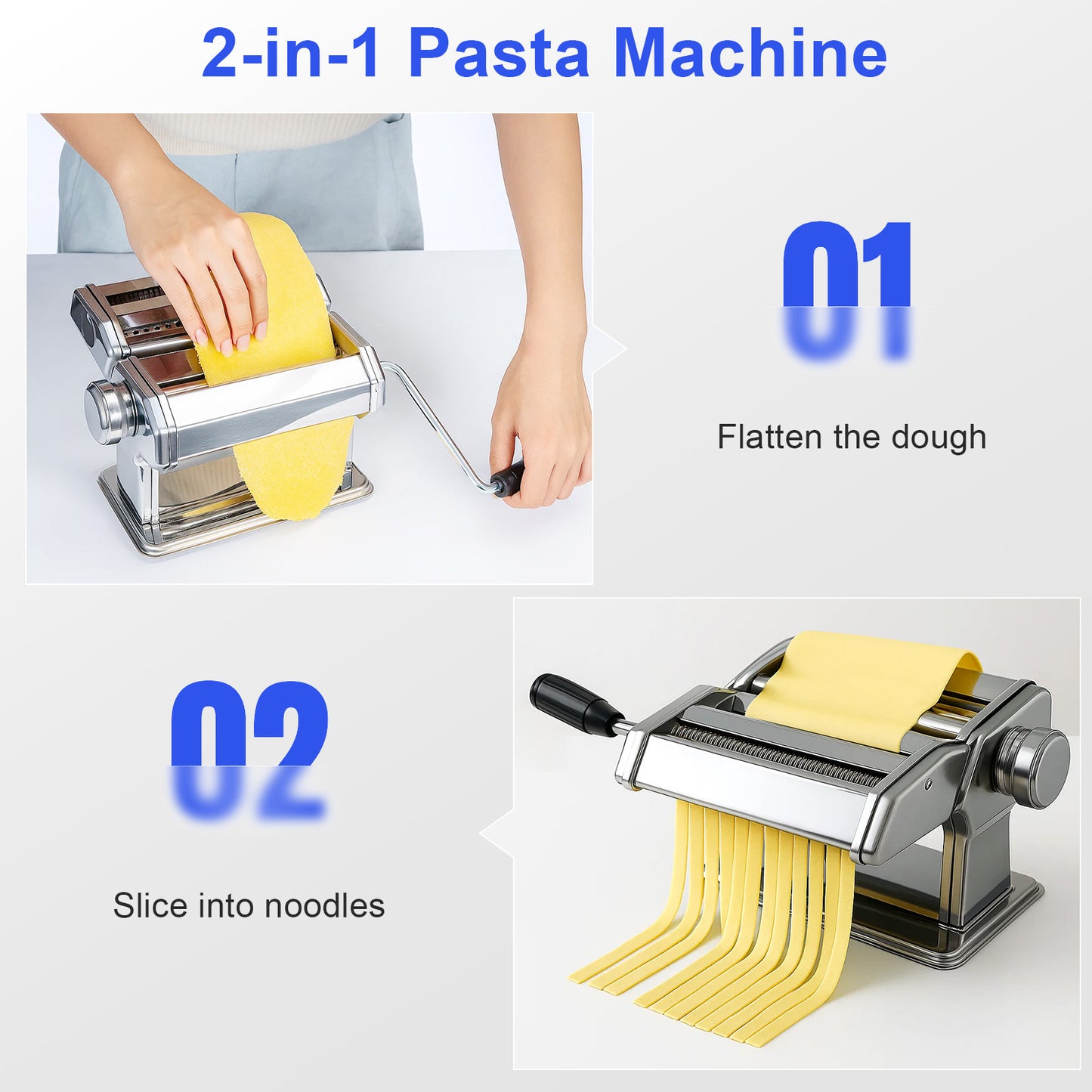 Pasta Roller Machine Dual Width Noodle Maker for Pasta, Spaghetti, Fettuccine, Lasagna 2 in 1 Stainless Steel with Cleaning Kit