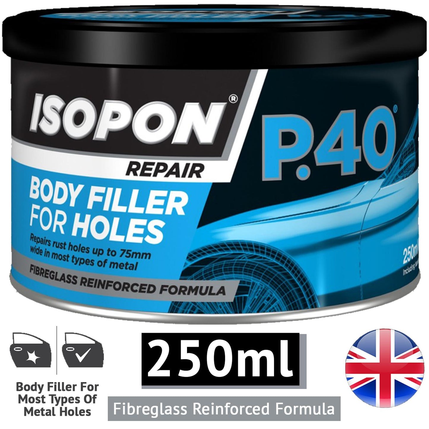 UPOL ISOPON P38 Easy Sand Body Filler Paste 250ml | Two Part Polyester Car Repair Kit for Dents, Scratches, Holes | Paintable Smooth Finish | Metal & GRP Compatible