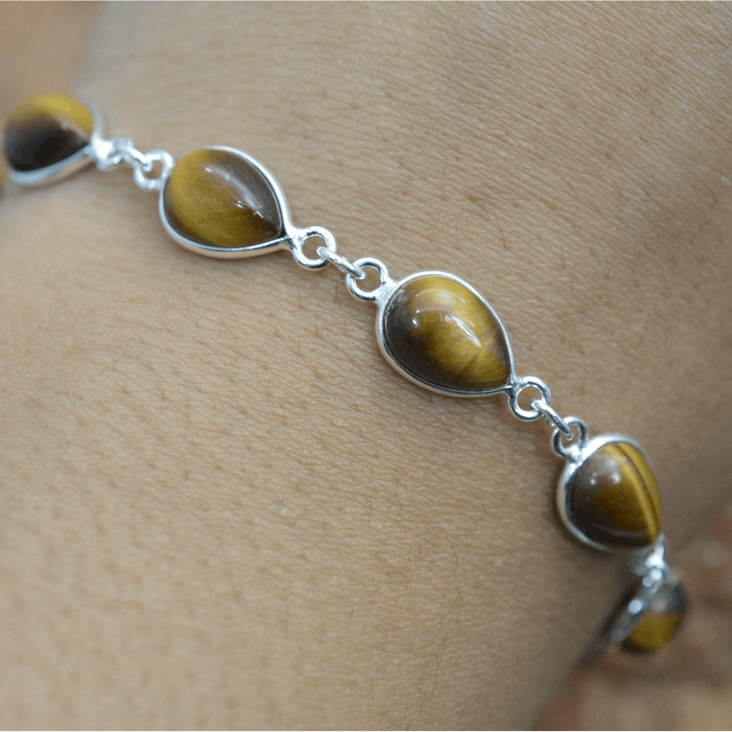 925 Sterling Silver Natural Gemstone Adjustable Bracelet ~ Teardrop Link Bracelet ~ Simple Elegant Jewelry