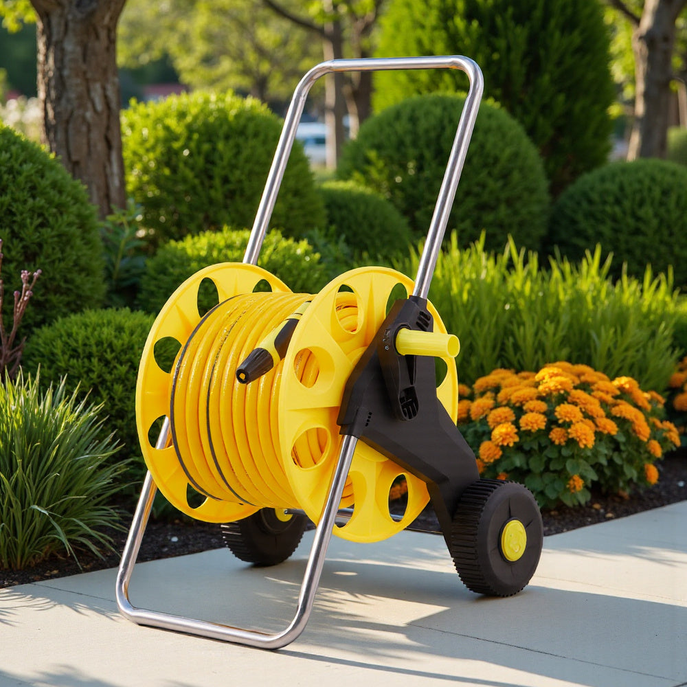 Complete Watering Kit/ Garden Hose Reel Trolley Portable With 20-50M Hose Pipe, Sprinkler Gun & Connector - Heavy Duty Watering System for Outdoor/Lawn/Car Wash (Yellow)