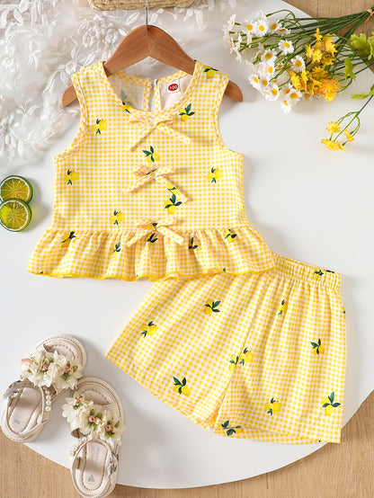 2pcs Set. Girls' Vest And Shorts Outfit, Lemon Print, Contrast Plaid Pattern, Bow Detail, Ruffled Hem. Summer Casual Outfit for Girls. Ideal Gift for 1-8 Year Olds. Suitable for Outdoor Wear