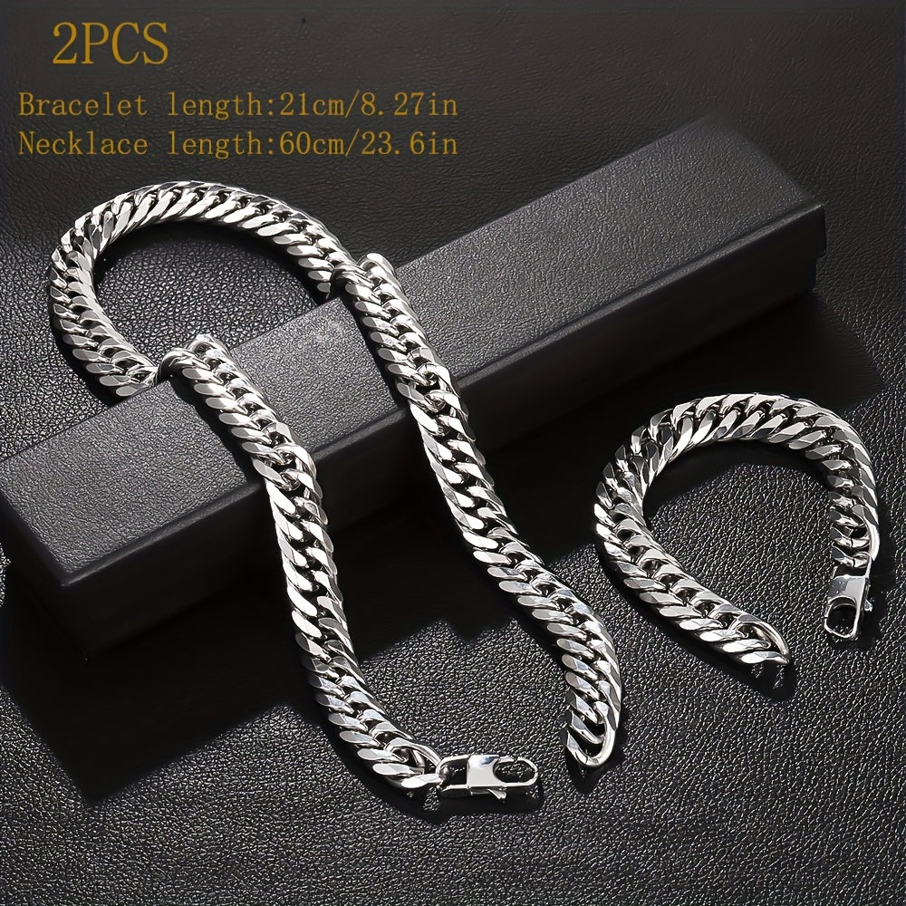 2pcs Set 13.5Mm Wide 304 304 304 Stainless Steel Bracelet And Necklace Set, Hip-Hop Trendy Cuban Chain Necklace And Bracelet Jewelry Set, Men'S And Women'S Fashion Jewelry Gifts, Exaggerated Necklace And Bracelet, Very Thick
