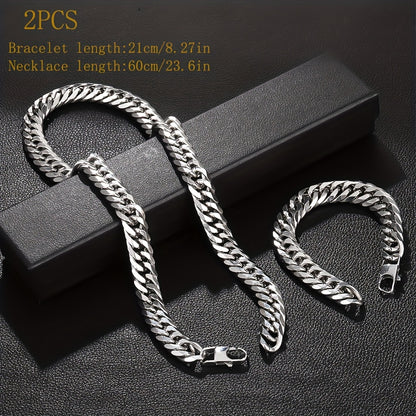2pcs Set 13.5Mm Wide 304 304 304 Stainless Steel Bracelet And Necklace Set, Hip-Hop Trendy Cuban Chain Necklace And Bracelet Jewelry Set, Men'S And Women'S Fashion Jewelry Gifts, Exaggerated Necklace And Bracelet, Very Thick