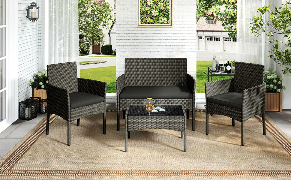 Costoffs Set of 4 Reception Set Outdoor, Garden Table & Sofa Set, Conversation Furniture Set with 2-Seat Sofa, 2 Single Sofa and 1 Coffee Table