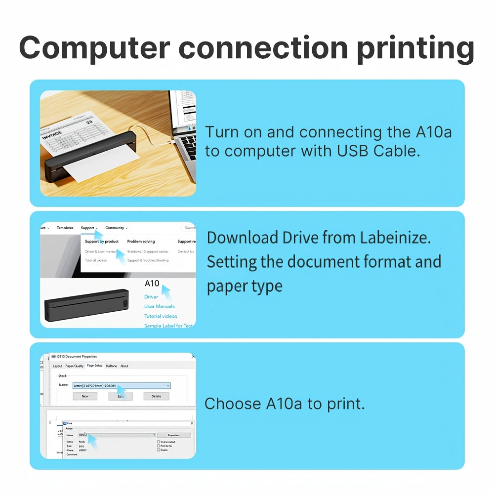 A10A Inkless Portable Printer, Wireless Thermal Printer for Travel Office Home School, Supports 21.59cm X 27.94cm And A4 Thermal Paper, Compatible with Phone Laptop