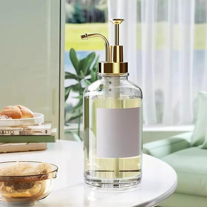 Glass Coffee Syrup Dispenser, Press-Type Liquid Dispenser 2pcs Set, Glass Honey Pot Honey Jar Shampoo and Conditioner Dispenser, 500ml, Gold
