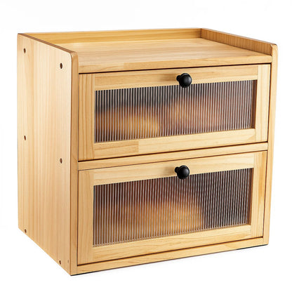 Double Layer Bread Box for Kitchen Counter, 2 Decker Large Wooden Bread Bin, Corner Bread Storage Container with Acrylic Windows, Dry Food Container with Air Vents to Keep Fresh, Self Assembly