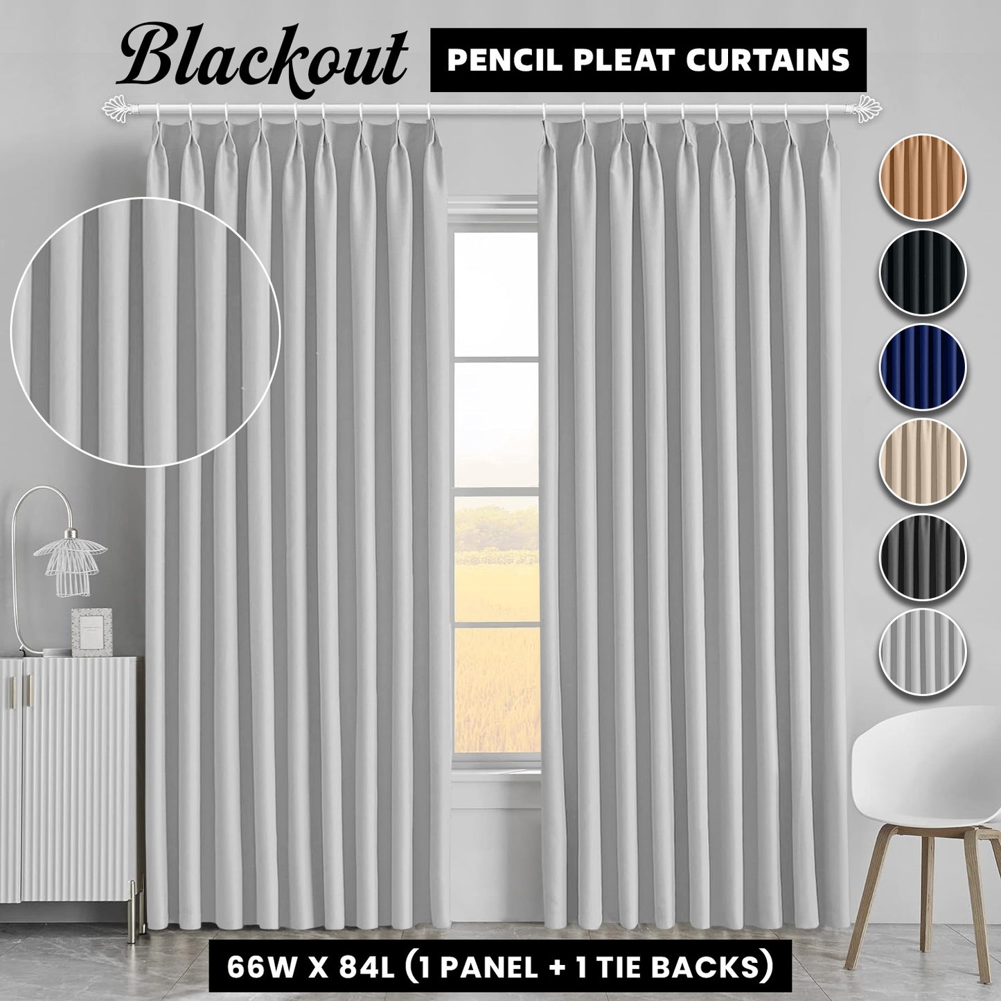 2pcs Premium Blackout Pencil Pleat Curtains – Heavy Duty Thermal Insulated Window Drapes with Matching Ties, Noise Reducing, Energy Saving & UV Blocking, Perfect for Bedroom & Living Room