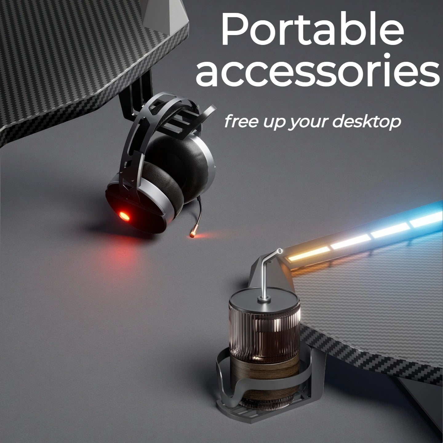 RGB Gaming Desk with LED Lights and Mouse Pad, Large Ergonomic Computer Desk with Cup Holder & Headphone Hook,Modern Carbon Fiber Design for PC Gaming & Home Office,Black