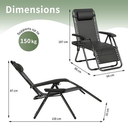 Zero Gravity Chair Foldable Reclining Outdoor Patio Lounge Chair with Padded Pillow Armrest Footrest Cup Holder Textilene Fabric Camping Garden Sunlounger Set of 1 or 2