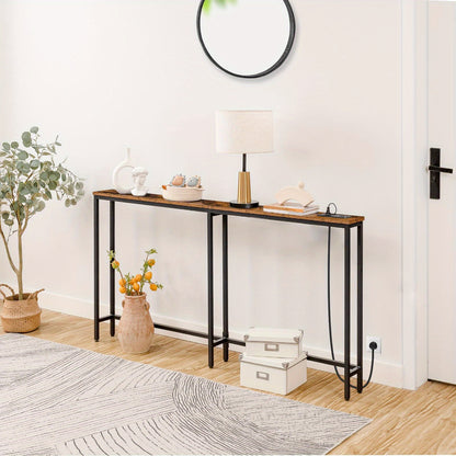 Rustic Brown And Black, 160 Cm Narrow Console Table, Behind Sofa Couch Table with Charging Station, Long Hallway Table, Slim Console Table for Hallway, Entryway, Living Room
