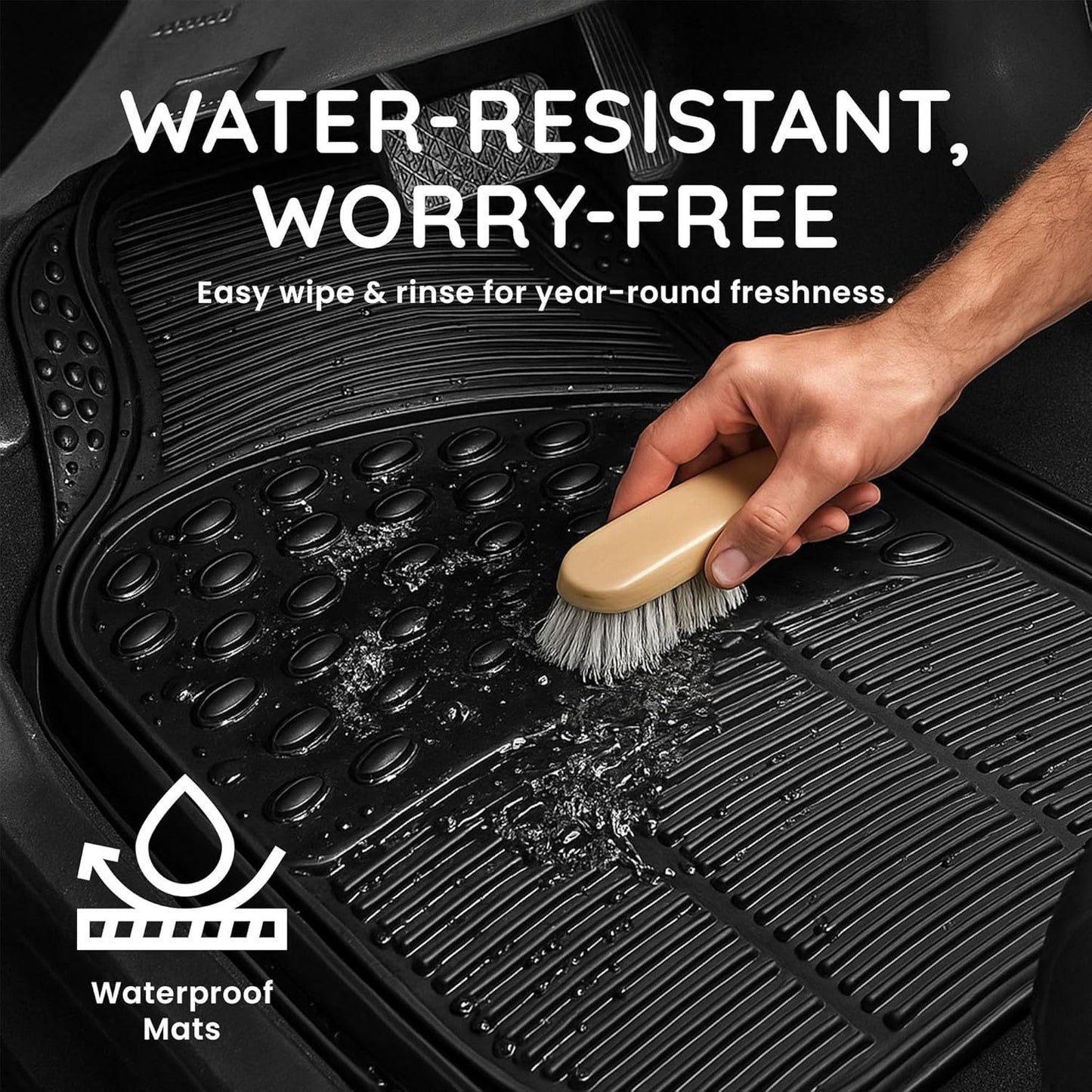 CUQOO 4pcs Universal Rubber Car Mats - Heavy Duty, Non-Slip All Weather Mats for Cars, SUVs, Trucks & Vans, Waterproof, Easy to Clean, with Deep Grooved Design for Extra Durability