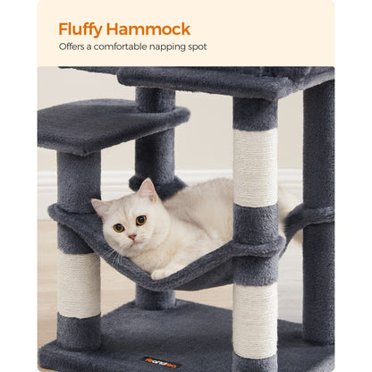 112cm Cat Tree Multi-Level Plush Tower Condo with 4 Scratching Posts, Hammock, Cave & Platforms – Stair-Step Design with Hanging Toys | Easy Assembly Indoor Cat Furniture | Pink White Beige Grey | UK