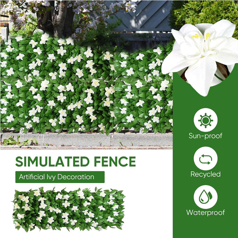 Expanding Garden Trellis Panels, 180X30Cm Expandable Garden Fence Screening with Artificial Ivy And Violet Flower, Decorative Faux Ivy Leaf Privacy Screen Greenery Backdrop for Backyard