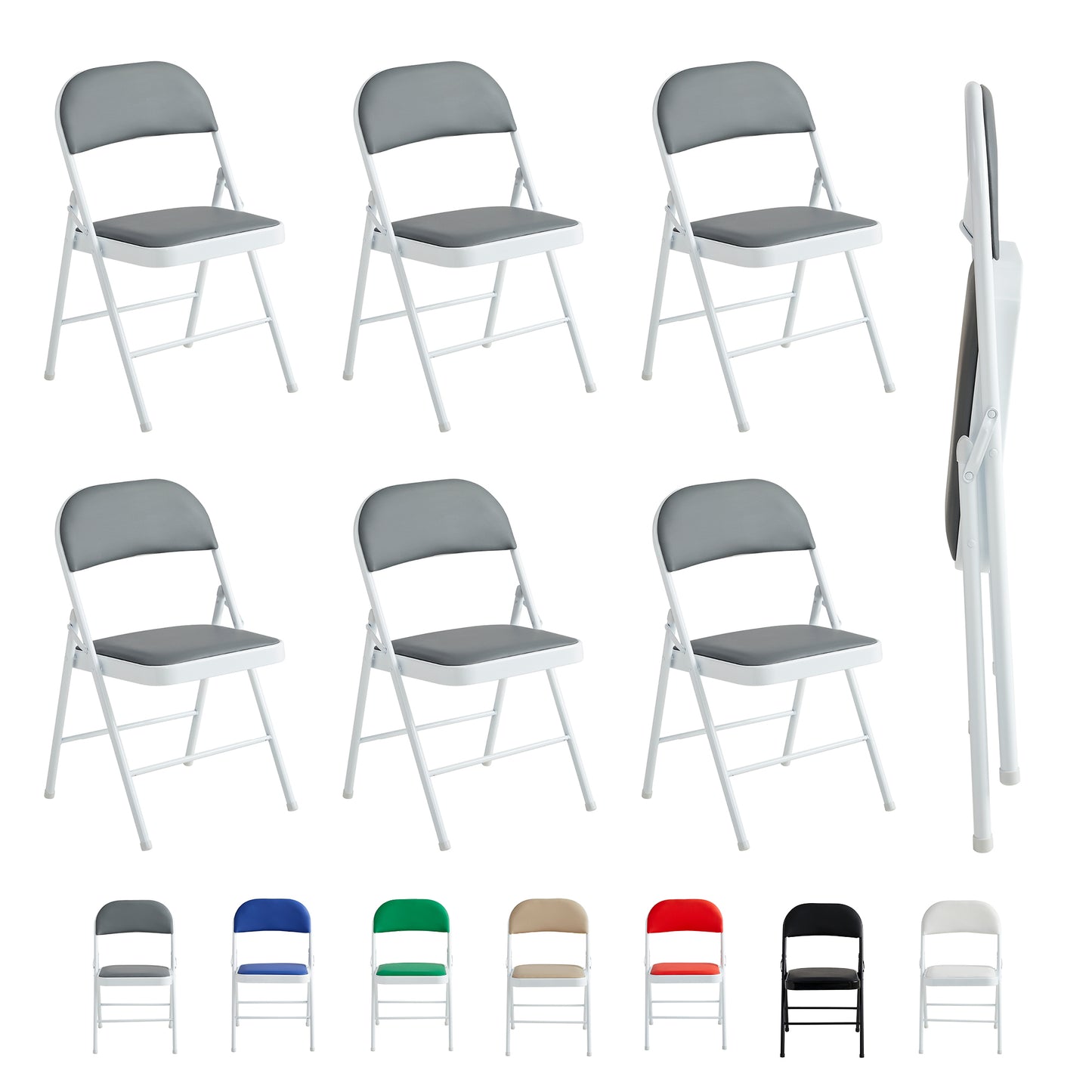 Set of 6 Folding Chairs, Faux Leather Foldable Chairs with Metal Frame and Padded Seat, Easy to Fold and Store for Home, Office, Dining and Reception