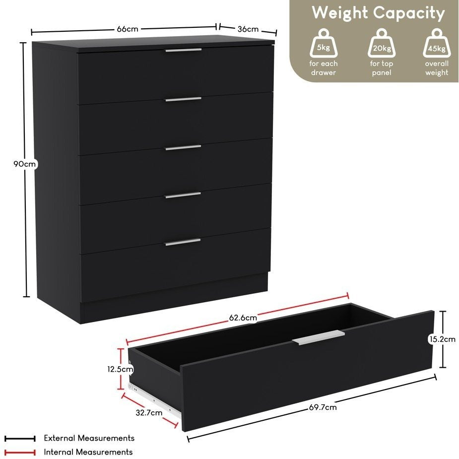 Vida Designs Trega 5 Drawer Chest Of Drawers Space-Saving Storage Smooth Glide Drawers Bedroom Furniture