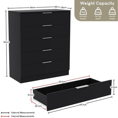 Vida Designs Trega 5 Drawer Chest Of Drawers Space-Saving Storage Smooth Glide Drawers Bedroom Furniture