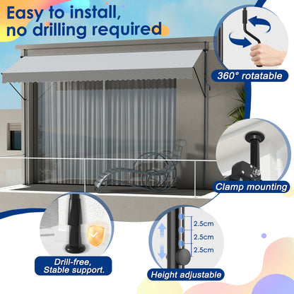 Clamp Awning With Hand Crank Balcony Awning No Drilling Awning Retractable Sun Protection Made Of Polyester UV-Resistant And Height Adjustable Patio Canopy, Dark Grey/Light Grey, 200/250/300/350/400 X 120 Cm