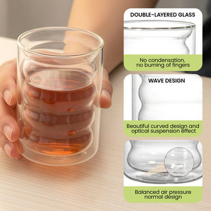 6pcs - 350ml, Latte Mocha, Double-Wall Heat-Resistant Glass Cappuccino, Latte, Tea, Coffee, Milk, Juice, Beer, Dual-Layer No-Handle Glass Cup with Built-In Spiral Lid, Perfect for Hot Beverages, Beverage Glassware, Sophisticated Drinkware, Heatresistant G